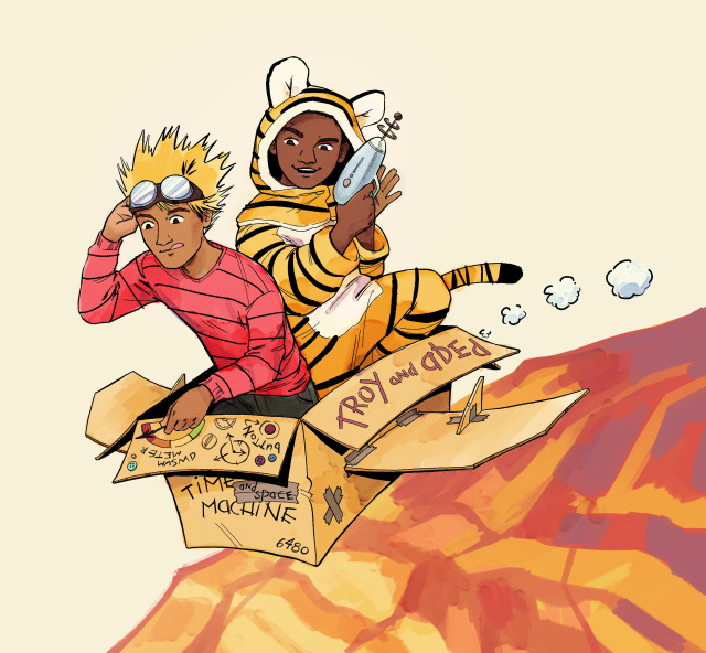 Watercolor-style drawing of Troy and Abed from Community dressed as Calvin and Hobbes. They are riding in a cardboard box labelled Time and Space Machine, flying over a reddish brown planet.