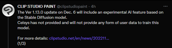 thatdogmagic:Clip Studio Paint is Incorporating Stable Diffusion***THE BUILD GOES LIVE DECEMBER 6TH***Here’s the bullet points you need to know about Clip Studio Paint joining deviantArt as today’s ‘villain for no good reason’