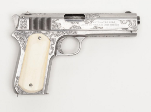 Nickel plated and engraved Colt Model 1903 pocket hammer model with ivory grips