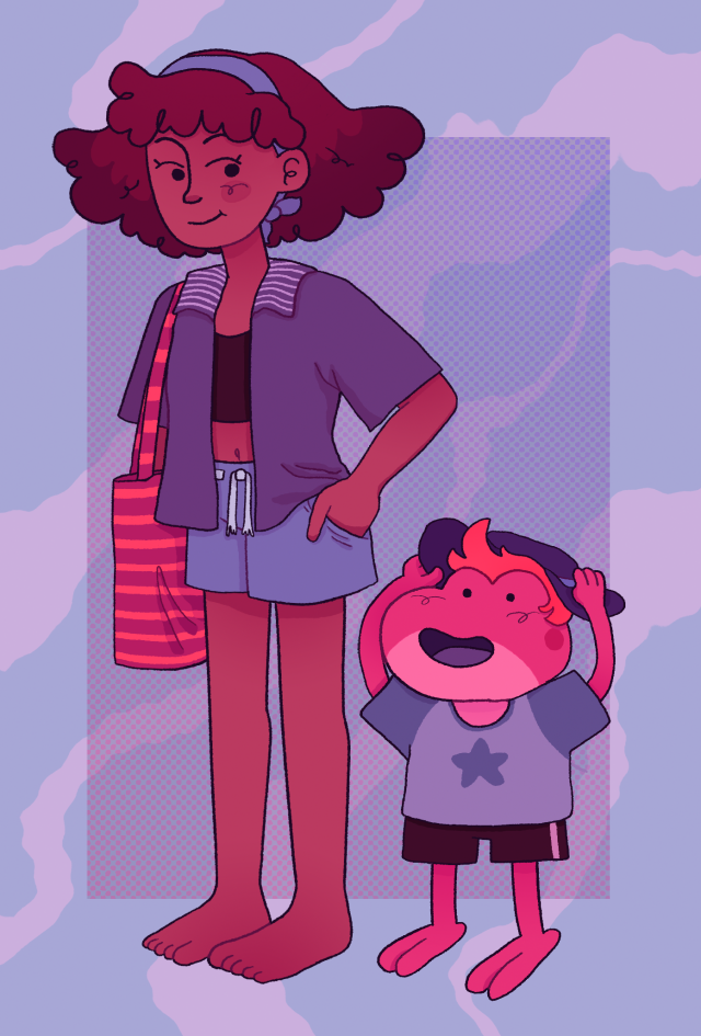 digital drawing of anne and sprig from amphibia in shades of blue, purle and pink. they are standing next to each other on a purpleish background with lighter wiggly lines and a blue to pink dotted texture. they are wearing beach outfits. anne is wearing a unbuttoned shirt over a swimming top shorts and is smiling fondly at sprig a tshirt, shorts and a hat. 