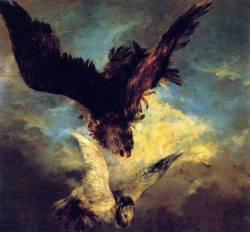 birdobeaverhousen:  OF BIRDS AND CANNIBALS…Adolph von Menzel - Falcon Swooping on a Dove (1844)