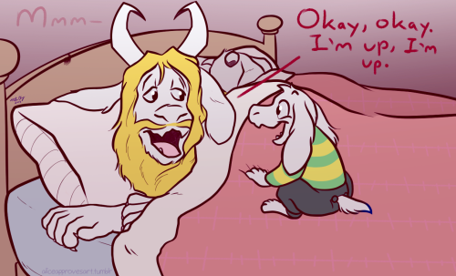 chrisnpics:aliceapprovesart:The Monster King Saw this really cute video of Asriel as Simba and it made me think of Asriel trying to wake up Asgore in the morning like Simba. A good opportunity to draw the goat family. BONUS: Movie night with the family.