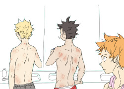 chio-tyan:  One morning in the camp Hinata finds Kuroo and Tsukishima covered in wounds.They must have trained really hard last night.