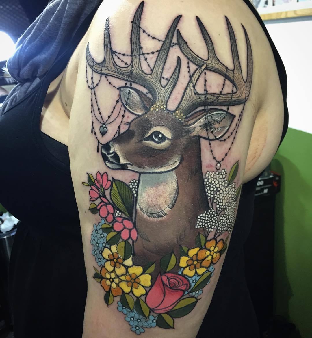 charlotteeleanortattoos:  #stag I did today! #pretty #woodland #beads #floral #cute
