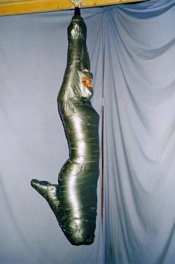 jadeakikotanaka:  This picture is exciting in it’s very own simplicity.  Just a bit of duct tape and a girl.  But while the tape immobilizes her, her own weight, although comfortably supported by her cocoon, is yet another bit of bondage as the weight