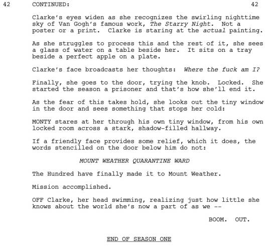 Thanks for reading along. To finish off the night, here’s one last scene from “We Are Grounders, Part 2″, written by Jason Rothenberg. See you next week!