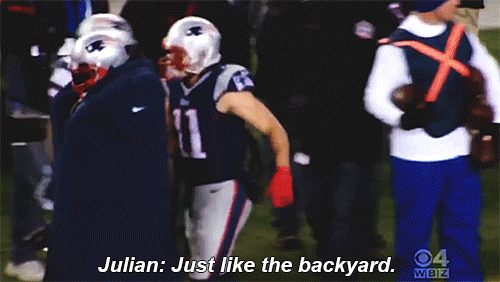 spitfiremonklockedoutseepage:  Rob Gronkowski, Tom Brady, and Danny Amendola with Julian Edelman after his 51 yard touchdown pass against the Baltimore Ravens. 