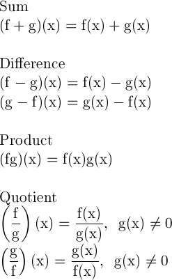 Algebra Of Functions Composite And Inverse Algebraic Combinations Of Functions When Given Two Functions F And G You Can Find Their Sum Difference Product And Quotient Using The Following