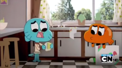 Part 4. Gumball begins to clean the DVD and lecture Darwin on his misuse of it, only to scratch it up, and throw it away in horror.