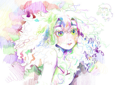 a digital sketch of a girl with big fluffy hair. the linesrt is done in every color of the rainbow. end id
