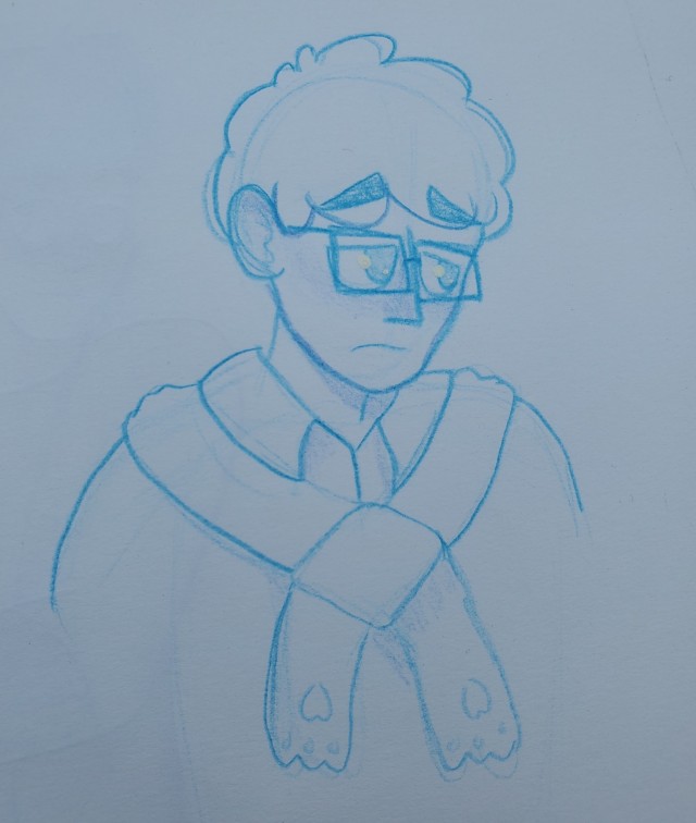 a blue pencil drawing of Patton looking sad