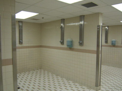 Men’s shower room at Pine Street Inn, a homeless shelter, in Boston, Massachusetts.