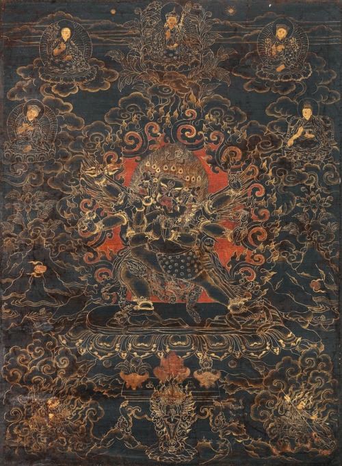 laclefdescoeurs:A rare black-ground thangka of Vajrakila Tibet, 17th century