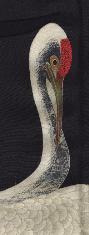 A large and striking &lsquo;chirimen&rsquo; (crepe) silk antique kurotomesode featuring elegant cran