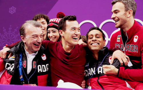 olympicsdaily:patrick chan celebrates with other members of team canada during team event at 2018 wi