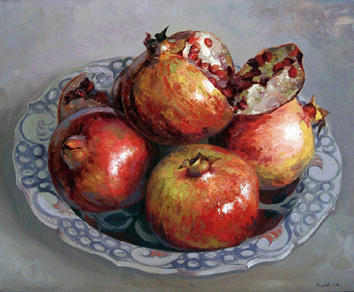 huariqueje: Pomegranates in Plate   -   Ismail Acar,  2005 Turkish , b.1971- oil on c