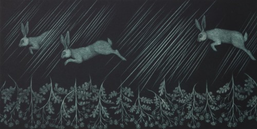 jareckiworld:Asumi Hayashi — Rain of Joy  (mezzotint, 2018)