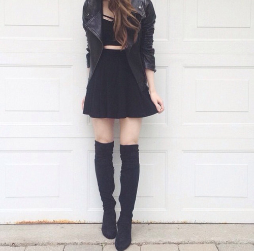 luxury-andfashion: Black Crop TopLeather JacketBlack SkirtBlack Boots