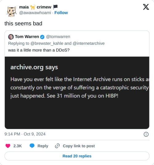 this seems bad https://t.co/3fNmz2dTce
— maia 🐈 crimew 🏴 (@awawawhoami) October 9, 2024