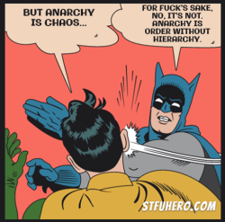 potatovodka:  pyomorphic: cup-a-fear:  He either said all that very quickly or the slap occurred very slowly  batman explains anarchism while slapping robin 5 times  reblog to be slapped 5 times by batman and learn abut anarchy