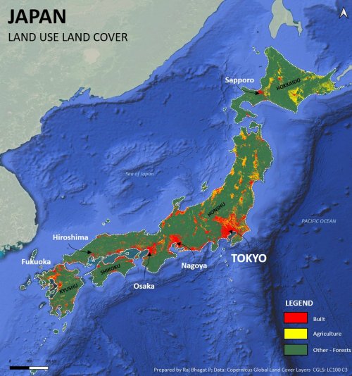 Japan’s land use. With 2/3rd of the land forested, only 12% is used for Agriculture and 9% is 