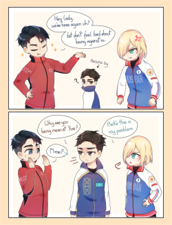 misutorekun: OtaYuri week Day    5&amp;6: Encouragement and “Rivalry”   Leave them alone JJ, you don’t understand ( ´  ω   ` )ﾉ  ~♪   