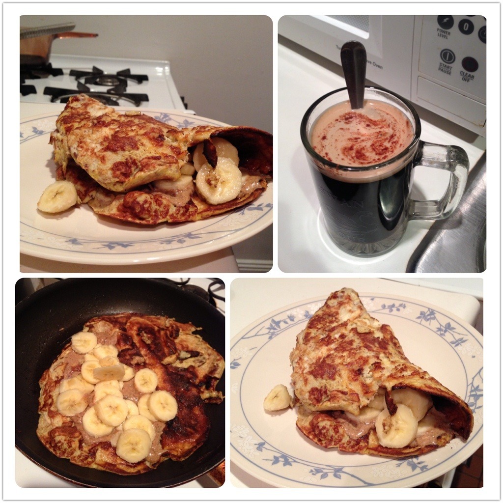 runnurgurl:  Banana Omelet Recipe: 1 banana 2 whole eggs &frac14; cup egg white