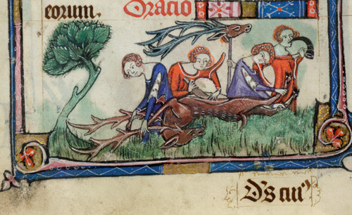 clerk-of-bradenford:Description: Detail of a bas-de-page scene of three ladies cutting up a stag the