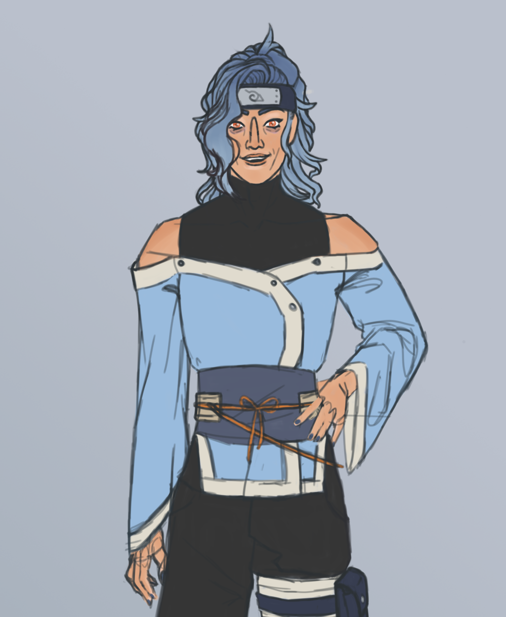 A digital sketch of a man with peach skin, wavy blue hair that is tied into a ponytail, and orange eyes. He is facing the viewer with a hand on one hip and has a joyful expression with an open-mouthed smile. He is wearing a black, sleeveless turtleneck and black trousers, a light blue kimono-style top and a darker blue waist band.  He is wearing a headband from Naruto with a Leaf Village symbol, and the leg wrappings and blue thigh satchel common to Naruto characters.