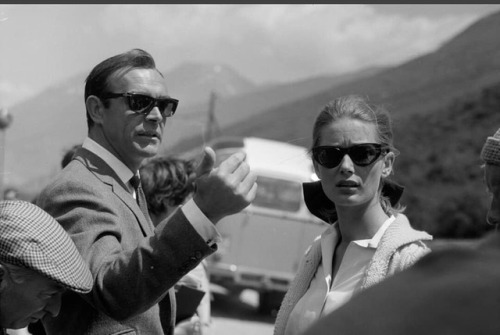 the-french-disconnection:Sean Connery and Tania Mallet on location for Goldfinger (1964)