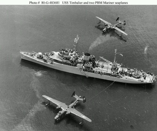 spectrum-rider:  USS Timbalier (AVP-54) and two PBM Mariner seaplanes.