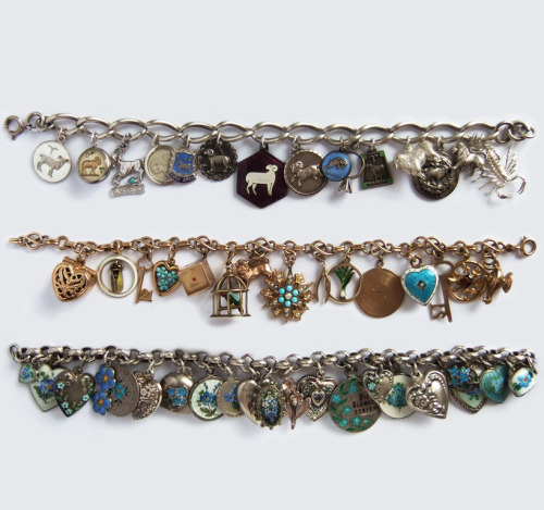 amandajojewels:Three Beautiful Antique and Vintage Charm Bracelets in Silver and Gold, some Enamel a