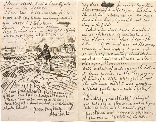 dappledwithshadow: Vincent van GoghLetter to John Peter RussellLate June 1888Reed pen and ink on wov