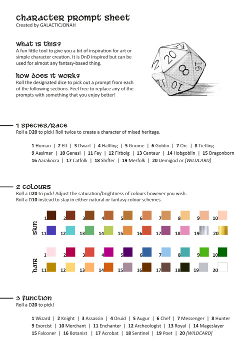 galacticjonah:    Inspiration is hard lately so, I decided to make smth fun! Here’s a simple character prompt sheet made by me! All you need is some time and a D20. Tag me, if you make a character with this sheet, I’d looove to see the results!!I