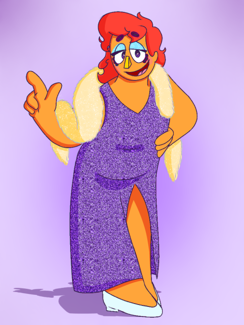 A full version of Eddie Dear as his drag persona, Delle Ivory. The full version now shows off the length of the dress, the slit to show some leg, and some white pumps