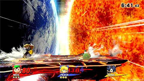 peachydurazno:  Planet earth and the sun are merging into each other, while peach launches herself rear-first into ness. that´s my girl :´3 