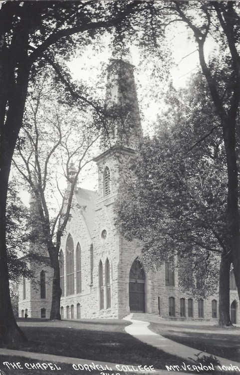 Postcard: The Chapel, Cornell College, Mt. Vernon, Iowa, mailed and postmarked 30 April 1957.