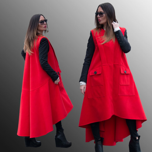 Autumn Winter Red Vest, Red Maxi Asymmetric Zipper Vest, Cashmere Vest by EUG fashion Click HERE to 