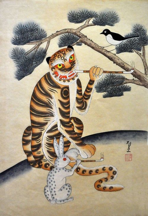 Jeremy Yong (Korean, based Seoul, South Korea) - Folk Tales Korean Tiger Paintings: Watercolors on O