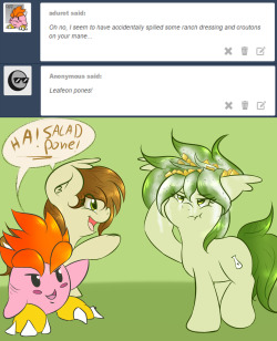 askflowertheplantponi:  Flower: no comment. asker: http://adurot.tumblr.com/ ((salad pone nickname is now canon i guess lmao))  xD! D'aww, poor Flower~ &gt;w&lt;