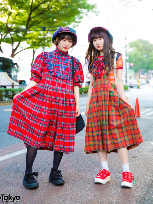 Mami and Misaki on the street in Harajuku wearing plaid dresses and hats by the Japanese brand HEIHE