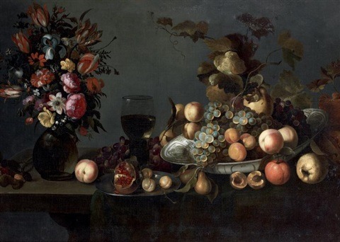 Michiel Simons (1620–1673)“Nature morte au bouquet de fleurs et coupe de fruits sur un entablement”