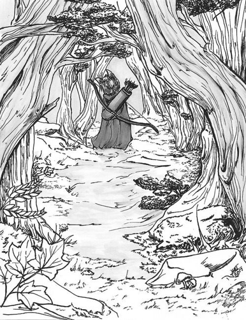 Inktober #3Once the danger passed, the child adventured deep into the forest, with an oversized bow,