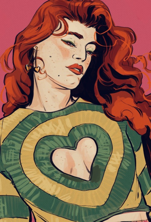 wellnoe:jean grey in a version of this sweater[id: a digital drawing of jean grey from x-men from th