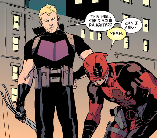 nerdyuncle:5ummit:Hawkeye vs. Deadpool #0I really appreciated all the little nods to Clint’s deafnes