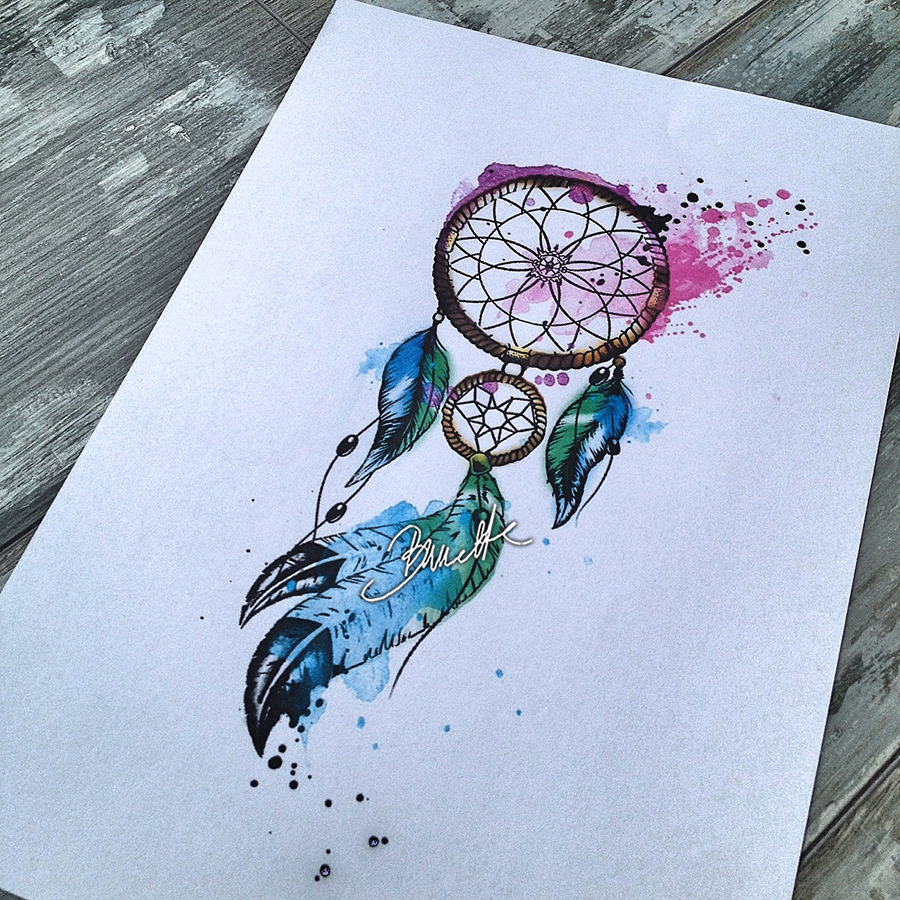Bunette - Watercolor dreamcatcher with feather tattoo design