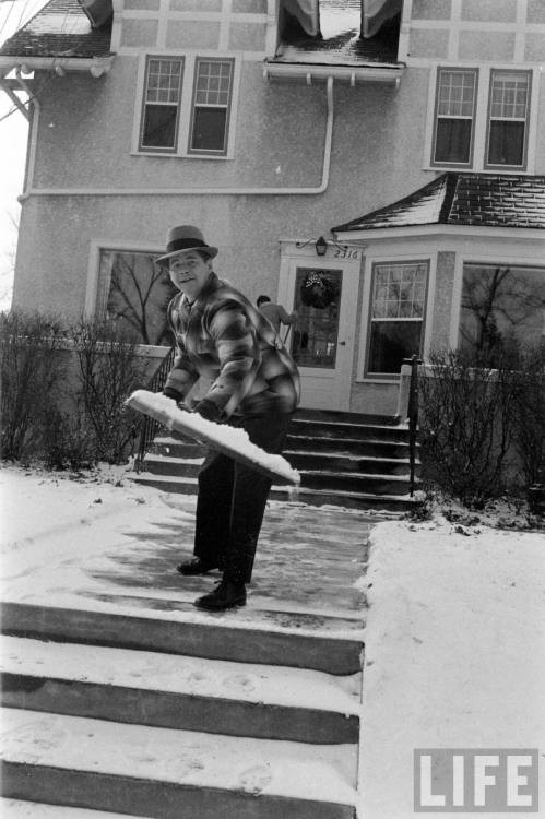 Governor Orville Freeman shovels snow(Frank Scherschel. 1960)