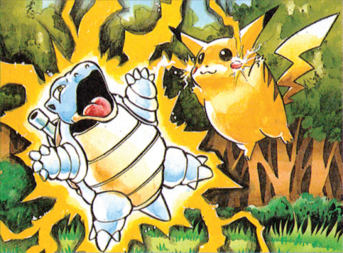 hirespokemon: Pikachu vs Blastoise in an Illustration from the 1997  “タイプ別・ポケットモンスター 必勝マニュアル” (Pocke