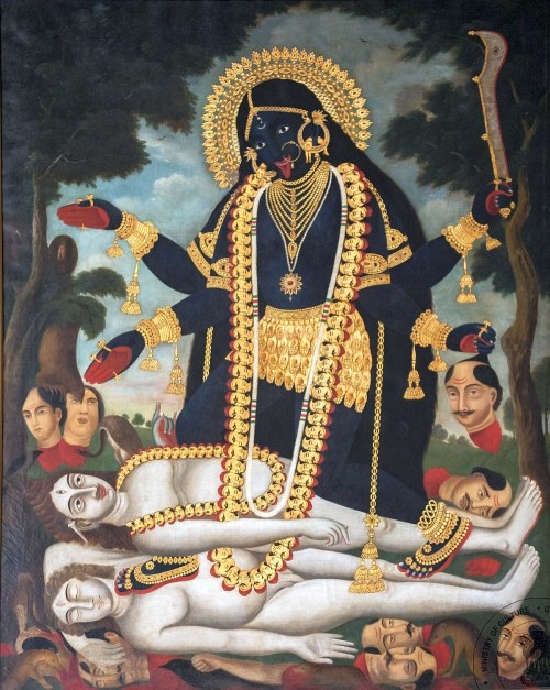 Kali With Two Shiva’s Late 19th-century. early bengal painting. Oil on Canvas. Oil painting de