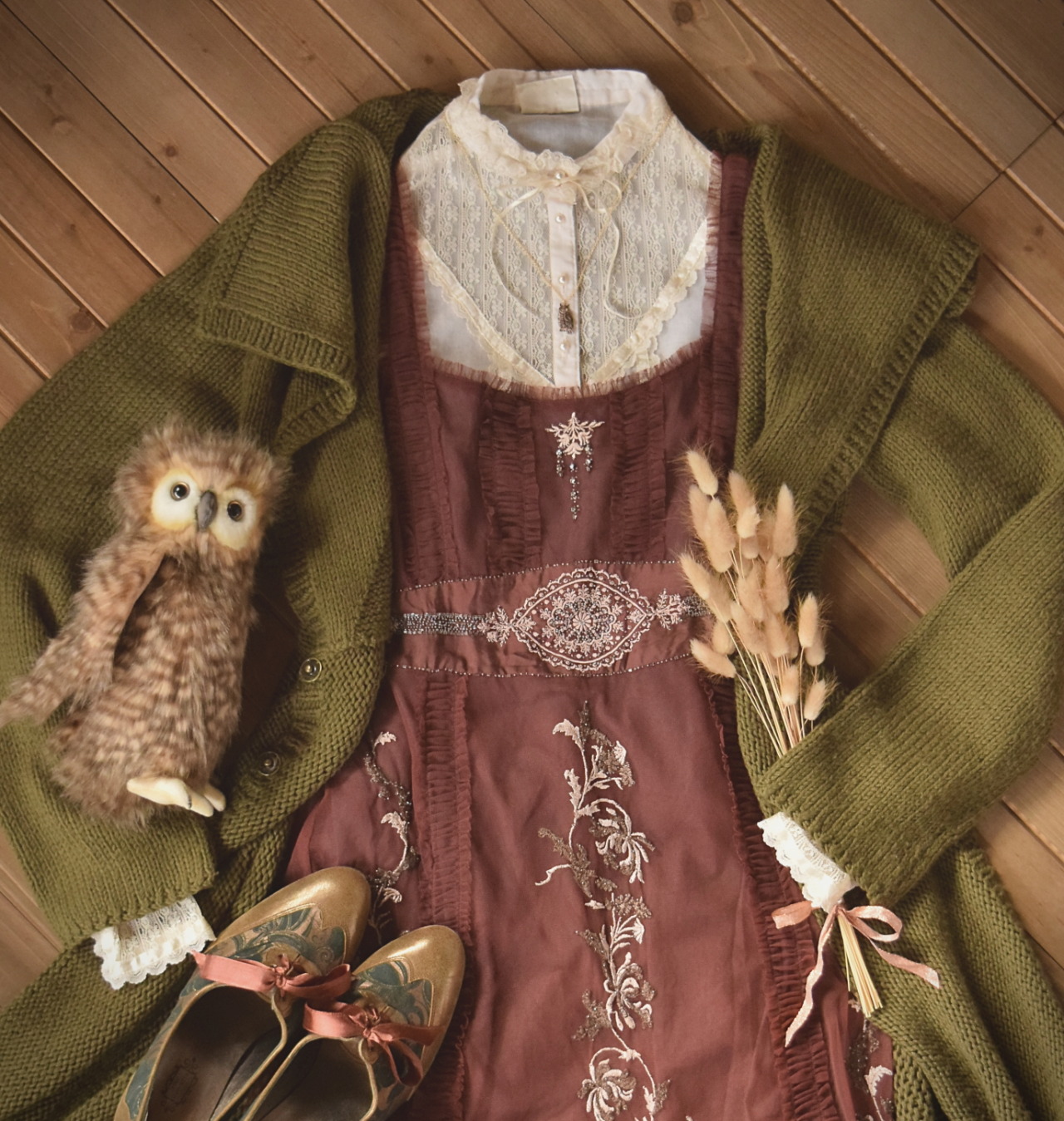 Finding Faerieland - A mori girl outfit flat lay, styled with